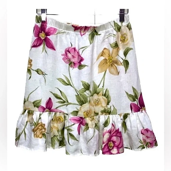 Hot Cotton linen mini skirt, floral print with ruffle, white & pink, S or M - Picture 1 of 8